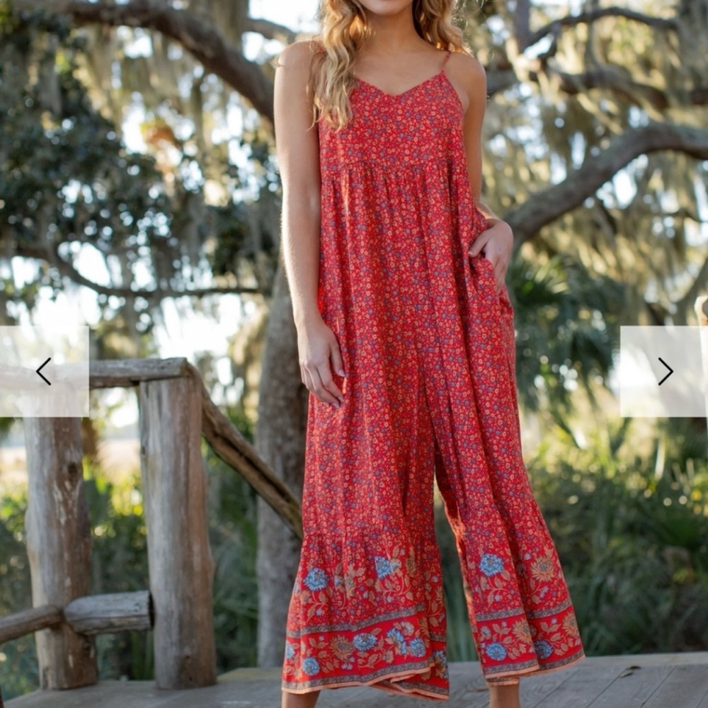 NATURAL LIFE Jamie Red Floral Wide Leg Flare Jumpsuit, Size XS